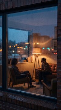 Couple having a conversation in a warm, cozy living room at night, viewed through a window covered in raindrops with city lights blurred in the background