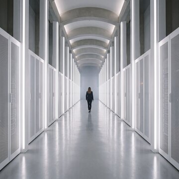 Businesswoman walking through a futuristic white corridor with symmetrical neon lights and high-tech cabinets