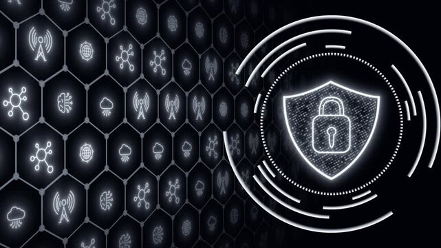 White color glowing nodes with digital shield and lock digital document and cloud storage futuristic design black technology 3D background