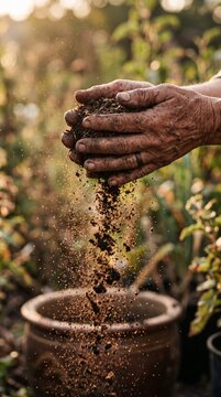 Close-up of dirty hands pouring fertile soil into a garden pot during golden hour