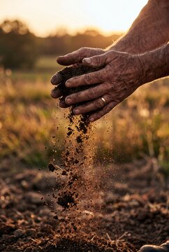 Close-up of weathered farmer hands holding and releasing dark fertile soil in a field during golden hour