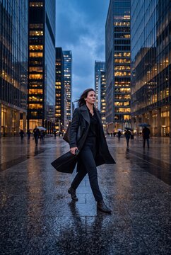 Professional businesswoman walking through a modern city at twilight on a rainy evening