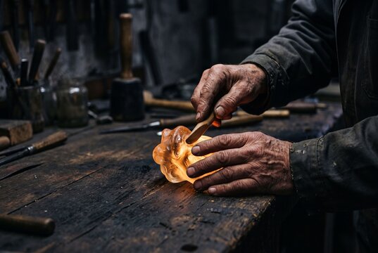 Skilled artisan hands working on a luminous translucent art piece in a traditional workshop setting