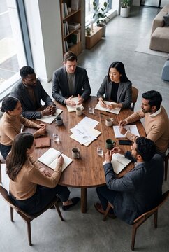 Diverse business team having a collaborative meeting around a round wooden table in a modern office