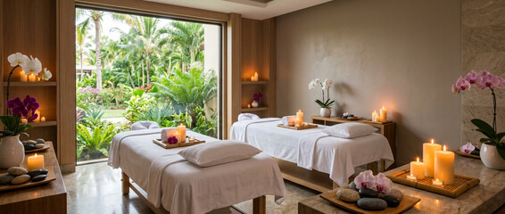 Luxury spa massage room with two therapy tables and view of tropical garden. Relaxation area for...
