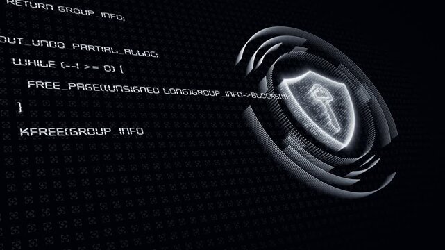 White color computer running programming codes for breaking hi-tech security system shield and key data protection futuristic design loopable black technology 3D background