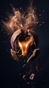 Dark Chocolate Sphere Exploding with Liquid Caramel Filling and Cocoa Powder Dust on Black Background