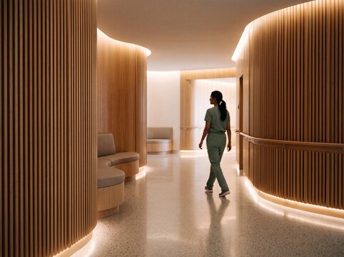 Female healthcare professional walking through a modern medical clinic with curved wooden walls and warm lighting