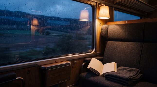 Cozy vintage train interior featuring an open book and blanket on a seat next to a rainy window at dusk