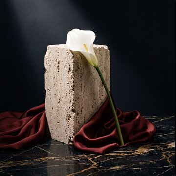 Elegant white calla lily flower resting on a travertine stone block with draped red silk fabric on a black marble surface
