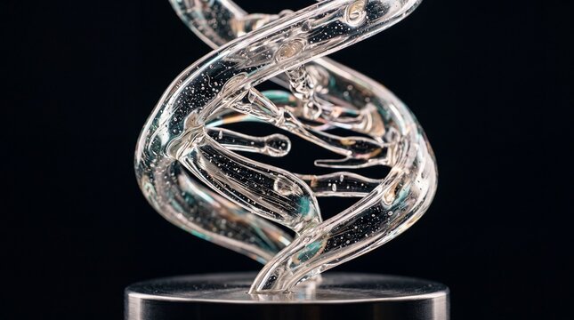 Artistic glass DNA double helix model with internal bubbles mounted on a metal base against a dark background