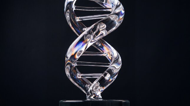 Crystal glass DNA double helix model isolated on a black background, symbolizing genetic research and biotechnology
