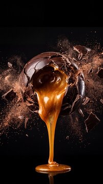 Exploding Dark Chocolate Sphere with Liquid Golden Caramel Flowing Out