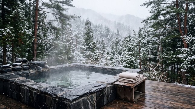 Luxury outdoor stone hot tub with steaming water in a snowy pine forest during winter