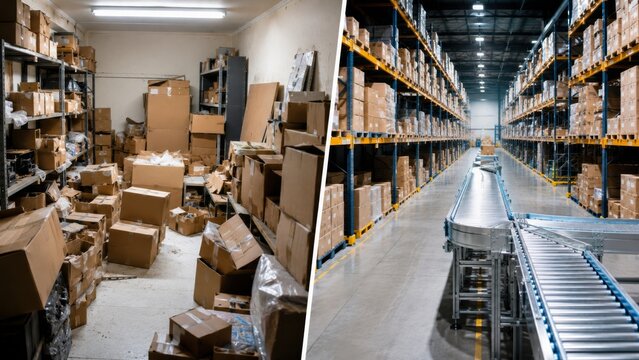 Cluttered stockroom and organized warehouse with conveyor system