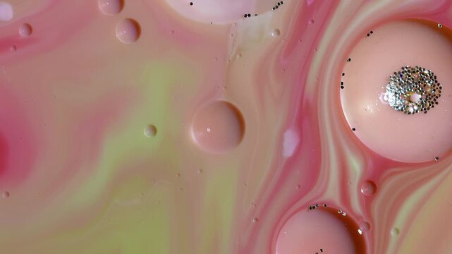 Abstract Luxury Fluid Art - Soft Pastel Pink and Green Paint with Glitter Clusters