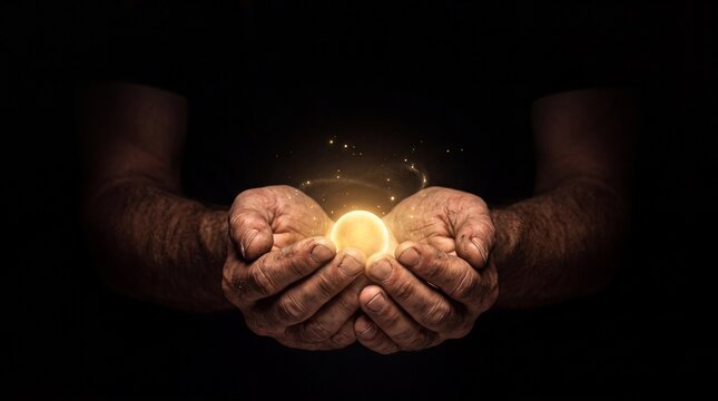 Dirty weathered hands cupping a magical glowing orb of light against a dark background
