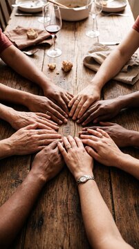 Diverse hands joined together in a circle on a rustic wooden dining table, symbolizing unity and community