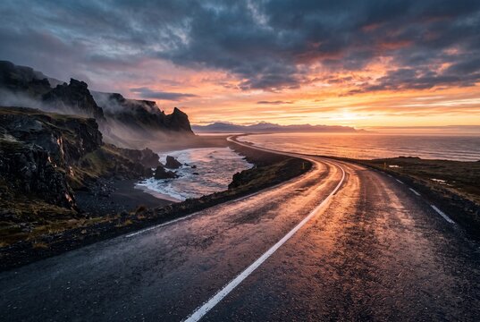 Scenic winding coastal road in Iceland at sunset with dramatic cliffs and ocean views
