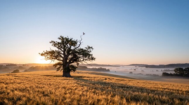 Majestic lone oak tree standing in a golden wheat field during a misty sunrise over rolling hills