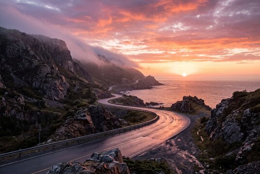 Scenic winding coastal highway along rocky cliffs at sunset with ocean views