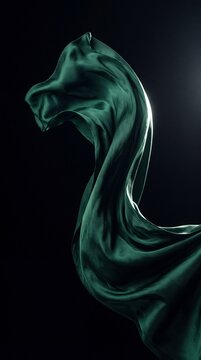 Elegant emerald green silk fabric flowing gracefully against a black background with dramatic lighting