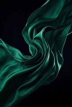 Elegant emerald green silk fabric flowing gracefully against a dark black background