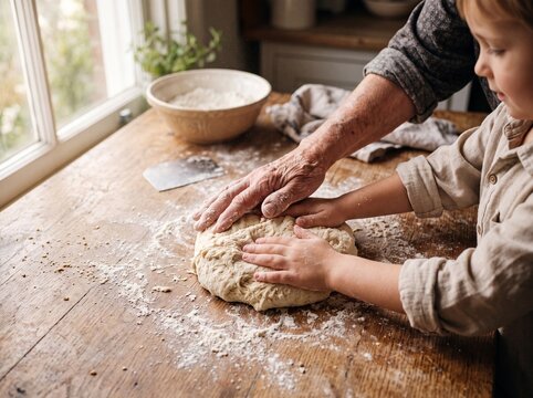 Elderly hands and child hands kneading bread dough on a rustic wooden table