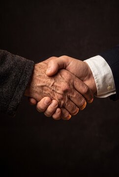 Handshake between an elderly person and a young businessman representing partnership and trust across generations