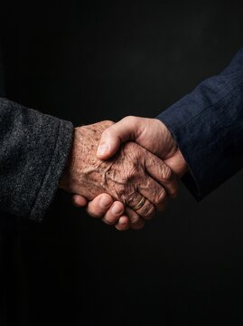 Handshake between elderly and younger person representing intergenerational connection and trust