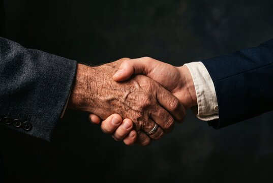 Close-up of a handshake between an elderly man and a younger professional in suits