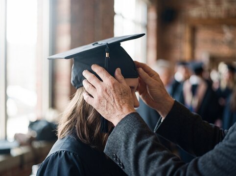 Proud Parent Adjusting Graduation Cap for Student at University Ceremony