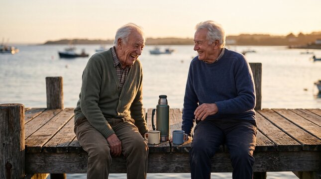Two senior men laughing and drinking coffee on a wooden pier at sunset
