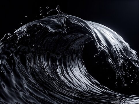 Dramatic black liquid wave curling with glossy reflections and splashing droplets against a dark background