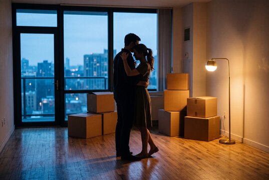 Romantic young couple slow dancing in their new apartment with city skyline view and moving boxes