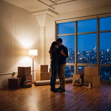Young Couple Dancing in New Apartment with City View at Night