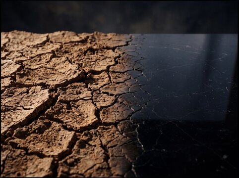 Conceptual view of parched cracked earth transitioning into a dark reflective liquid surface symbolizing environmental crisis