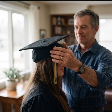 Proud father adjusting graduation cap on his daughter's head at home before commencement ceremony
