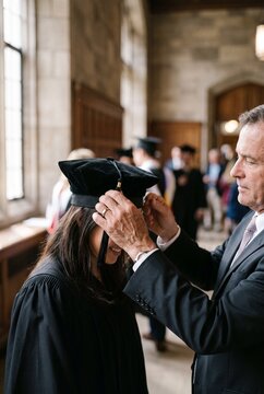 Father or professor adjusting graduation cap on female student during university ceremony