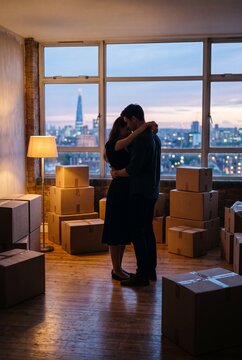 Young couple celebrating a move into a new home with a romantic hug against a city skyline backdrop at dusk