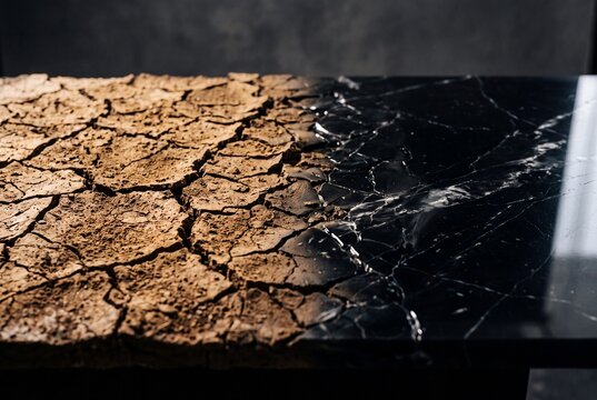 Abstract transition from cracked dry desert earth to a sleek polished black marble surface