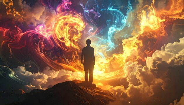 A silhouetted figure gazes at vibrant, swirling cosmic clouds from atop a rocky peak