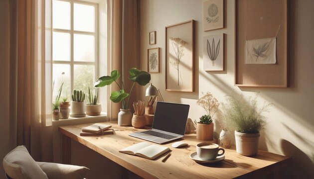 Bright remote workspace featuring wooden furniture, indoor plants and minimalist decor.