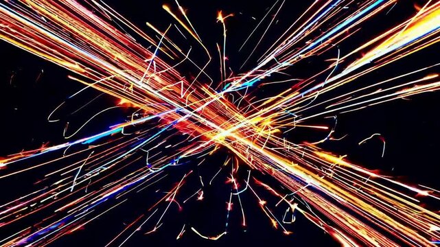 Intersecting neon light streaks form radiant X cross against black backdrop, with diagonal beams, sparks and vivid color contrast creating dramatic abstract scene, with light, streak, spark, neon