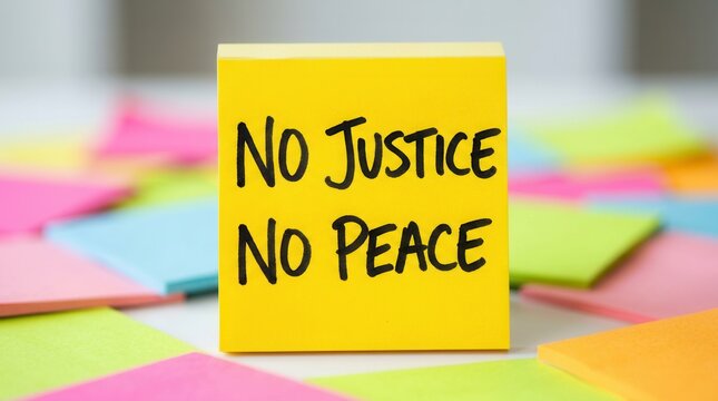 A yellow sticky note with no justice no peace text for social justice movement.