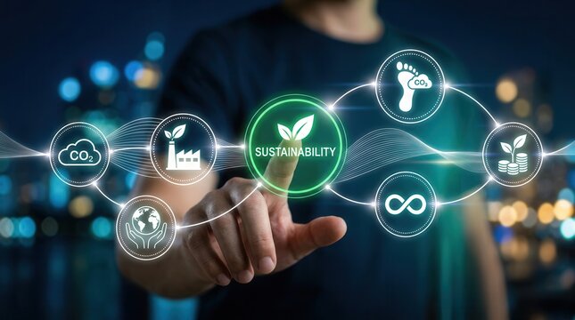 Environmental responsibility and circular economy icons displayed against a blurred urban background.