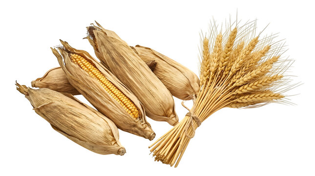 Dried corn cobs and wheat stalks isolated on transparent background for agriculture or food concepts