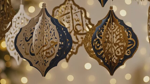 Hanging paper ornaments gold blue arabic calligraphy cutout, warm golden bokeh lights background, festive holiday decoration atmosphere