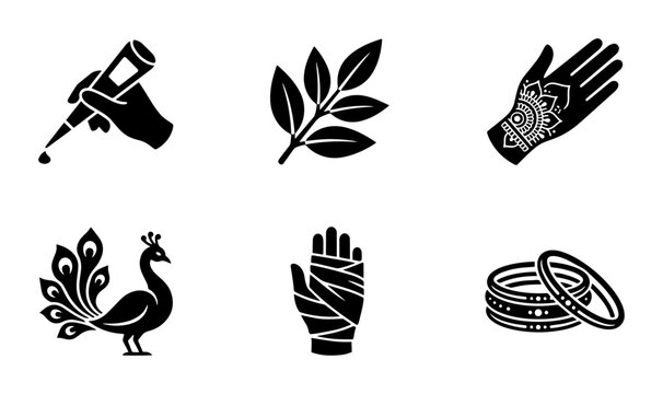 Henna Tattoo Icons: Mehendi Application, Peacock, Bangles, Hand Art, Botanical Elements, Vector Set