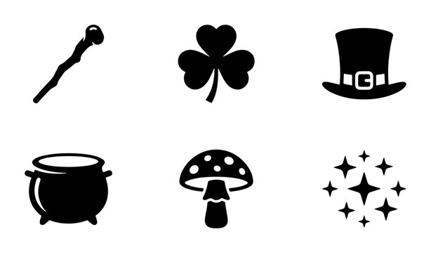 Magical Icons Set: Wand, Clover, Hat, Cauldron, Mushroom, Stars - Vector Graphics for Fantasy & St. Patrick's Day